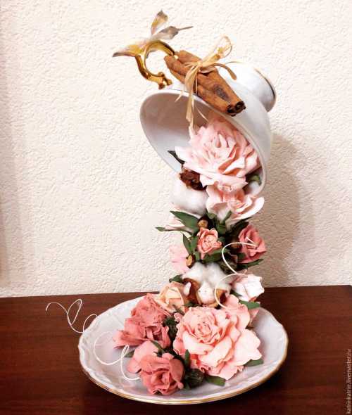 Дополнительно денежную чашку, парящую в воздухе, можно декорировать шпагатной нитью, бумажными банкнотами, цветами и тп