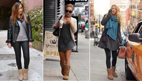 Примерить угги удастся и с платьями летящего фасона шифоновыми или шелковыми, тогда выбирайте качественные плотные матовые колготки, чтобы не выглядеть нелепо или вызывающе