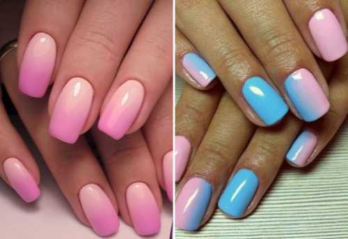Модный градиент может быть выполнен в одном из двух вариантов в виде плавного перехода от одного цвета к другому на каждом из ноготков, или же в виде легкого деграде цвета от одного ногтя к другому
